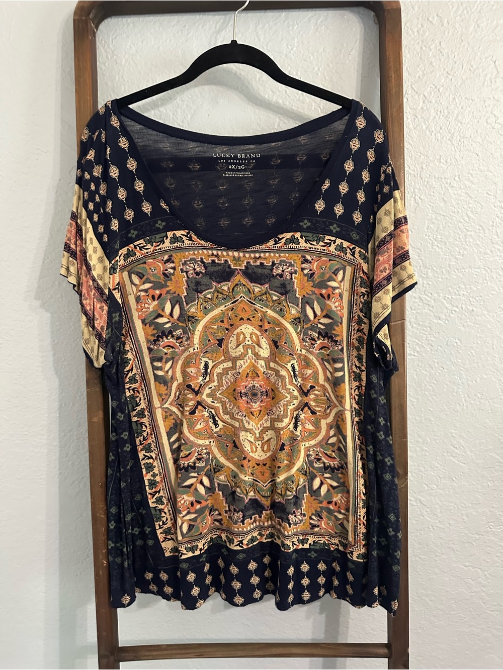 Lucky Brand Navy V-Neck Tee with Gold & Rust Medallion Print